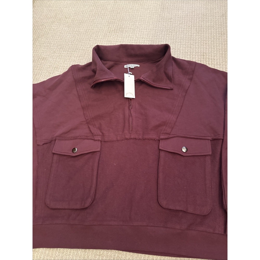 Boutique Brand Sz 3XL Maroon 1/4 Zip Sweatshirt 3/4 Sleeve Raw Hems